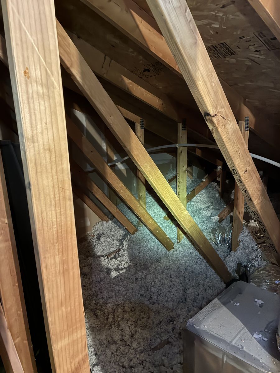 A PEX line curving between roof trusses in an attic