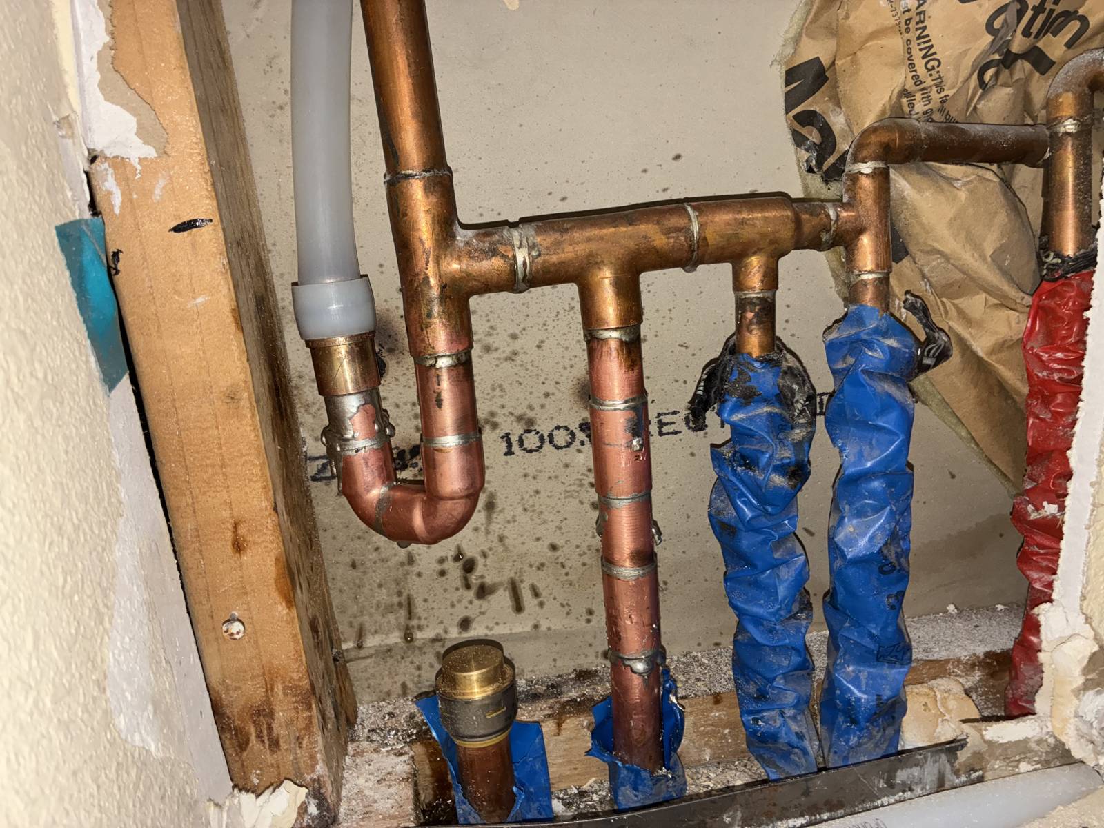 Copper manifold with PEX lines tied in, exposed in an opened wall